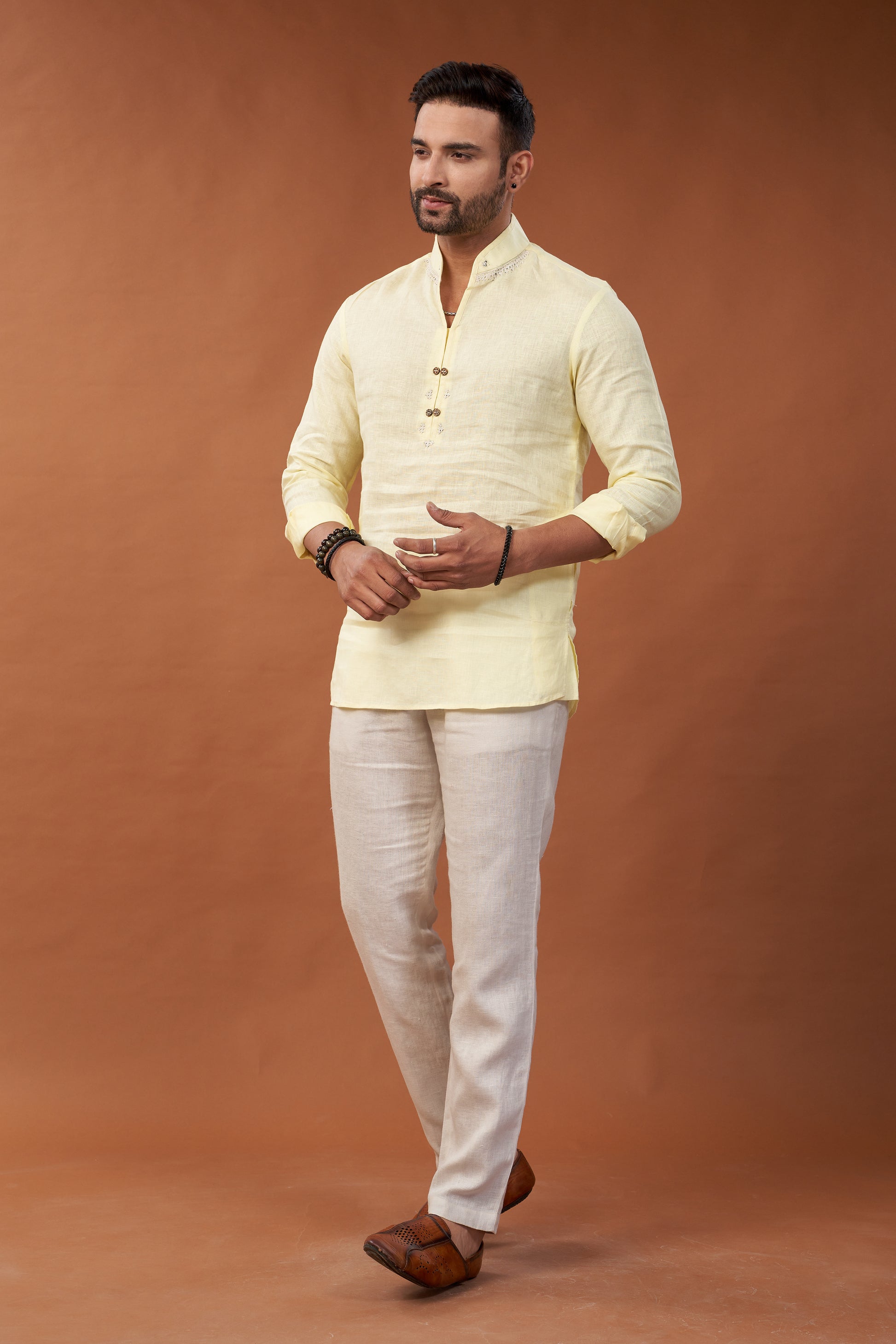 100% Pure Linen Yellow Short Kurta Shirt - Dedhia House
