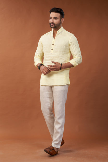 100% Pure Linen Yellow Short Kurta Shirt - Dedhia House