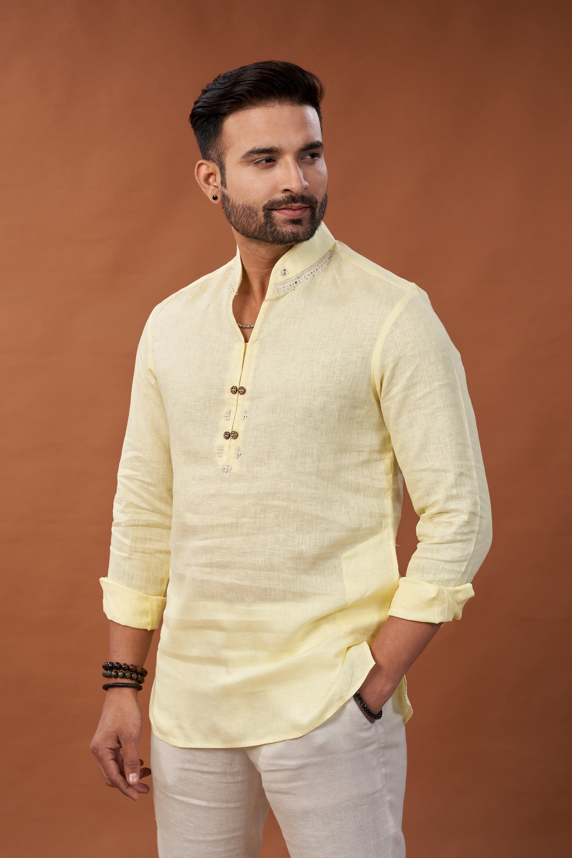 100% Pure Linen Yellow Short Kurta Shirt - Dedhia House