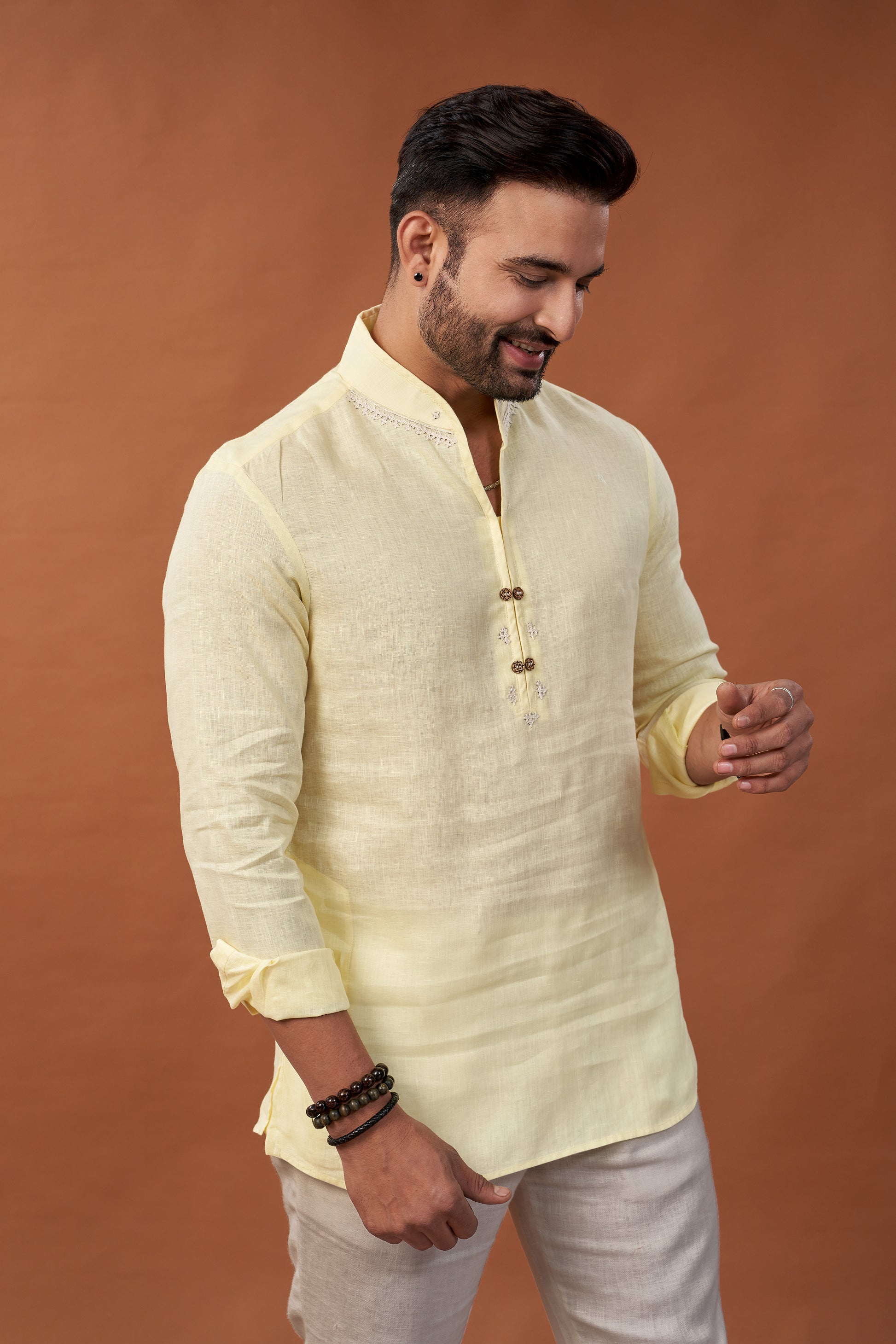 100% Pure Linen Yellow Short Kurta Shirt - Dedhia House