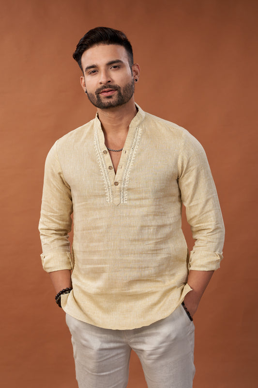 100% Pure Linen Cream Short Kurta Embroidered Shirt - Dedhia House