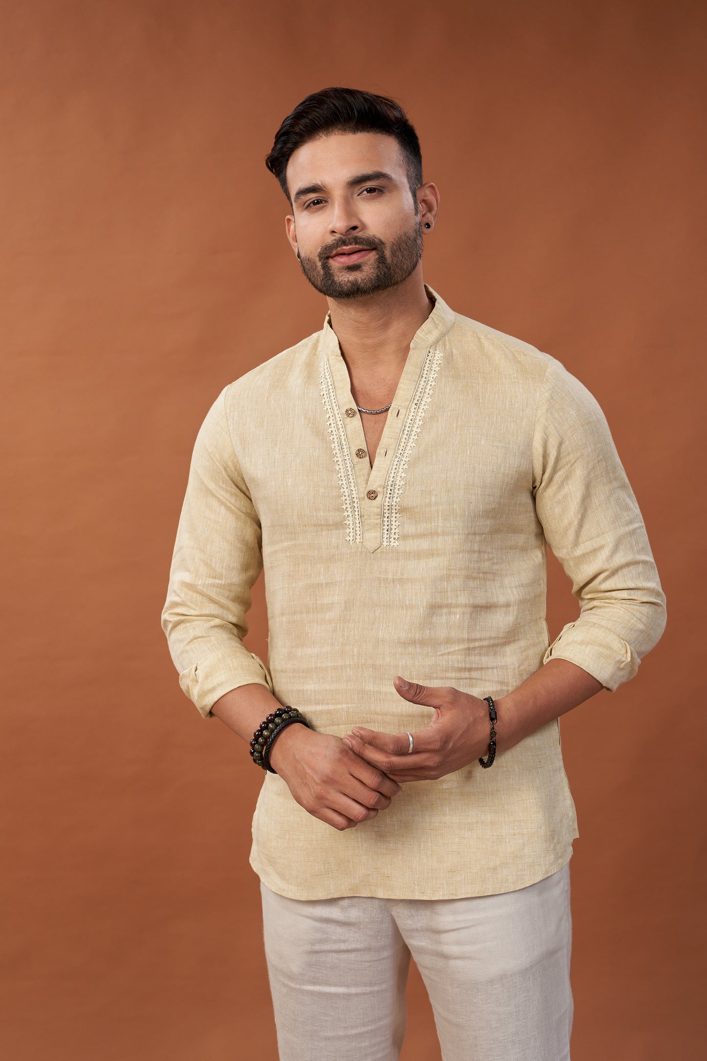 100% Pure Linen Cream Short Kurta Embroidered Shirt - Dedhia House