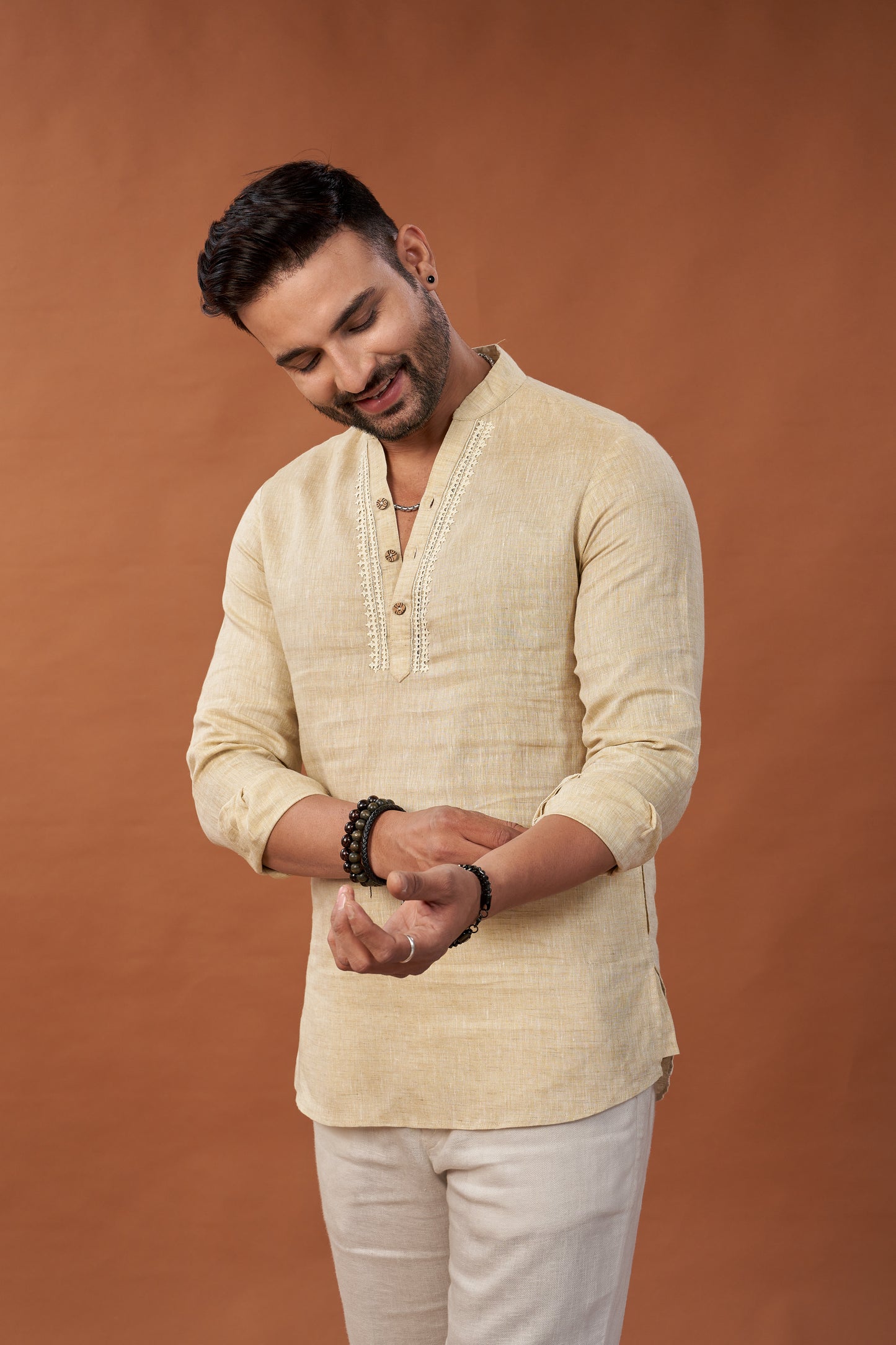 100% Pure Linen Cream Short Kurta Embroidered Shirt - Dedhia House