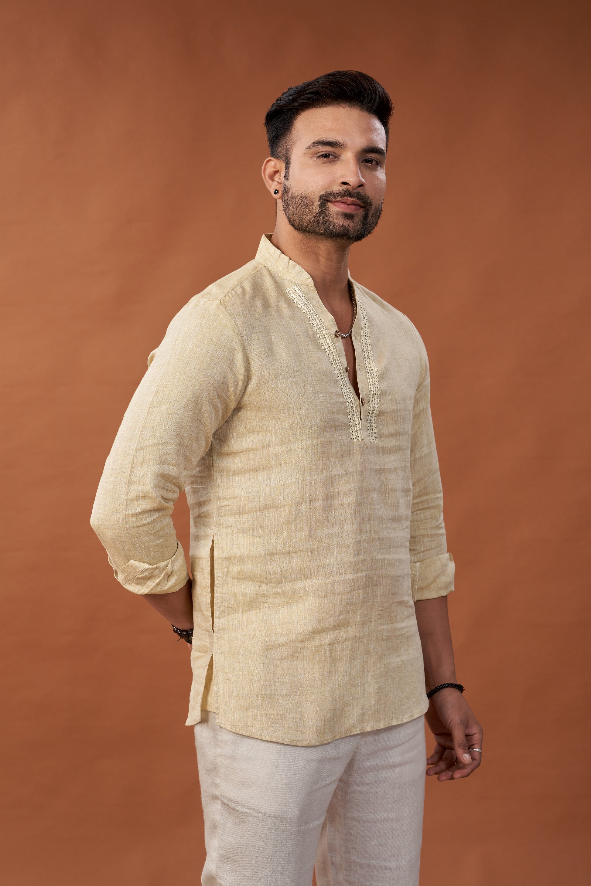 100% Pure Linen Cream Short Kurta Embroidered Shirt - Dedhia House
