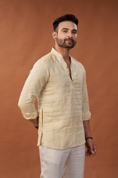 100% Pure Linen Cream Short Kurta Embroidered Shirt - Dedhia House