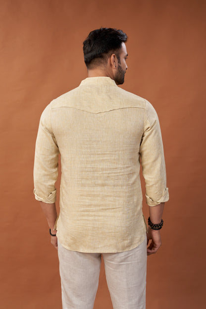 100% Pure Linen Cream Short Kurta Embroidered Shirt - Dedhia House