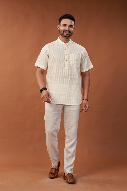 Cotton Off White Short Kurta T-Shirt - Dedhia House