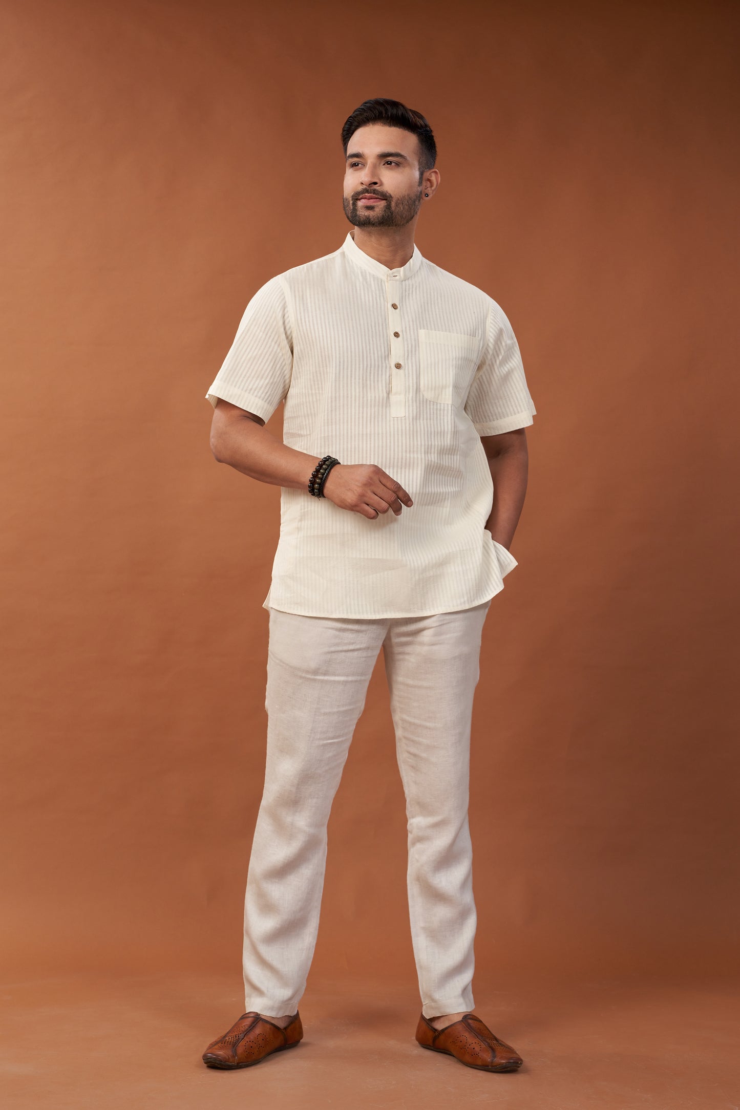 Cotton Off White Short Kurta T-Shirt - Dedhia House