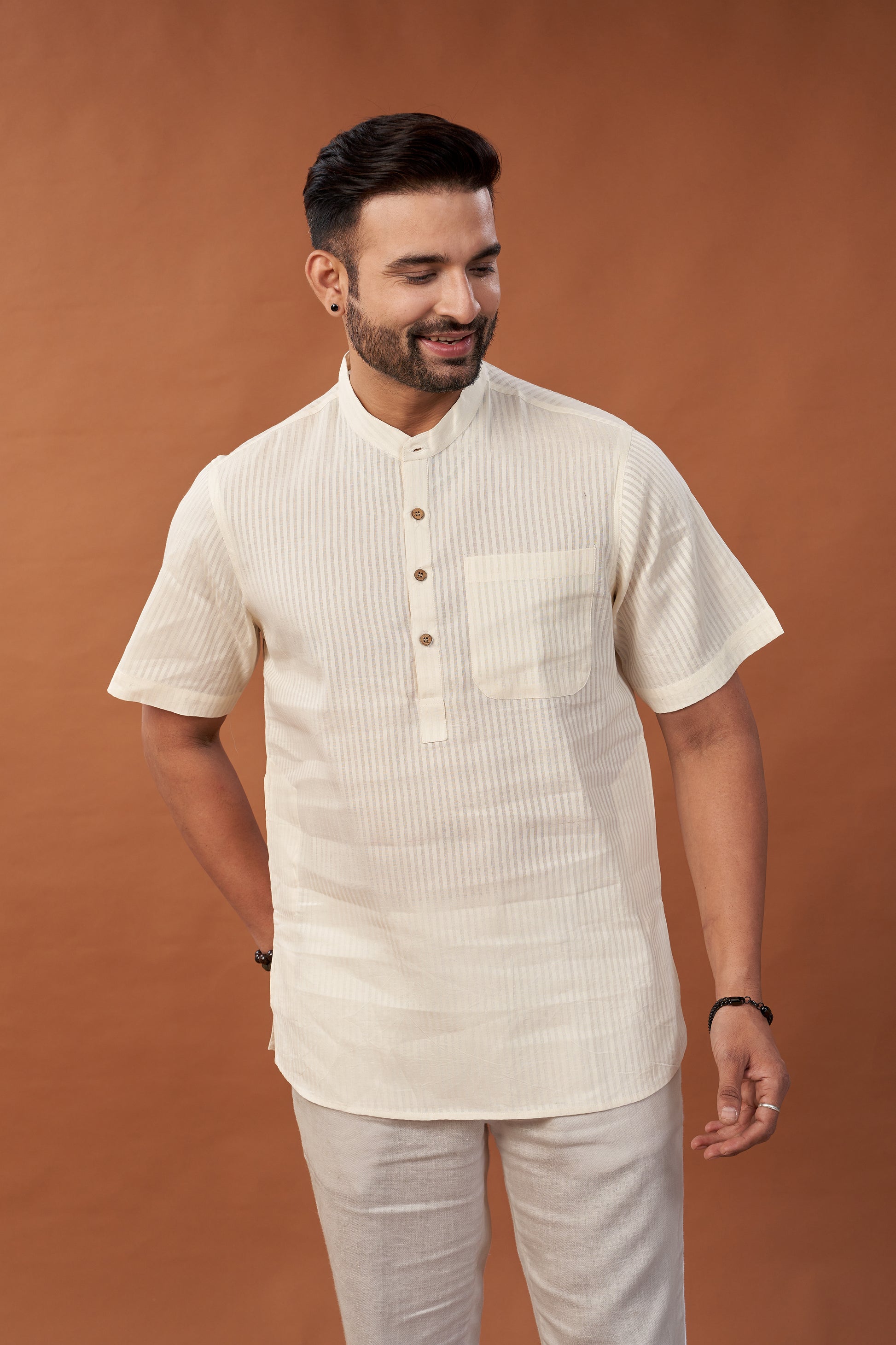 Cotton Off White Short Kurta T-Shirt - Dedhia House