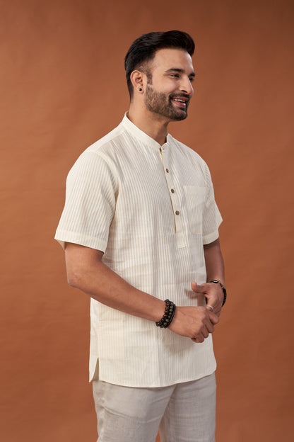 Cotton Off White Short Kurta T-Shirt - Dedhia House