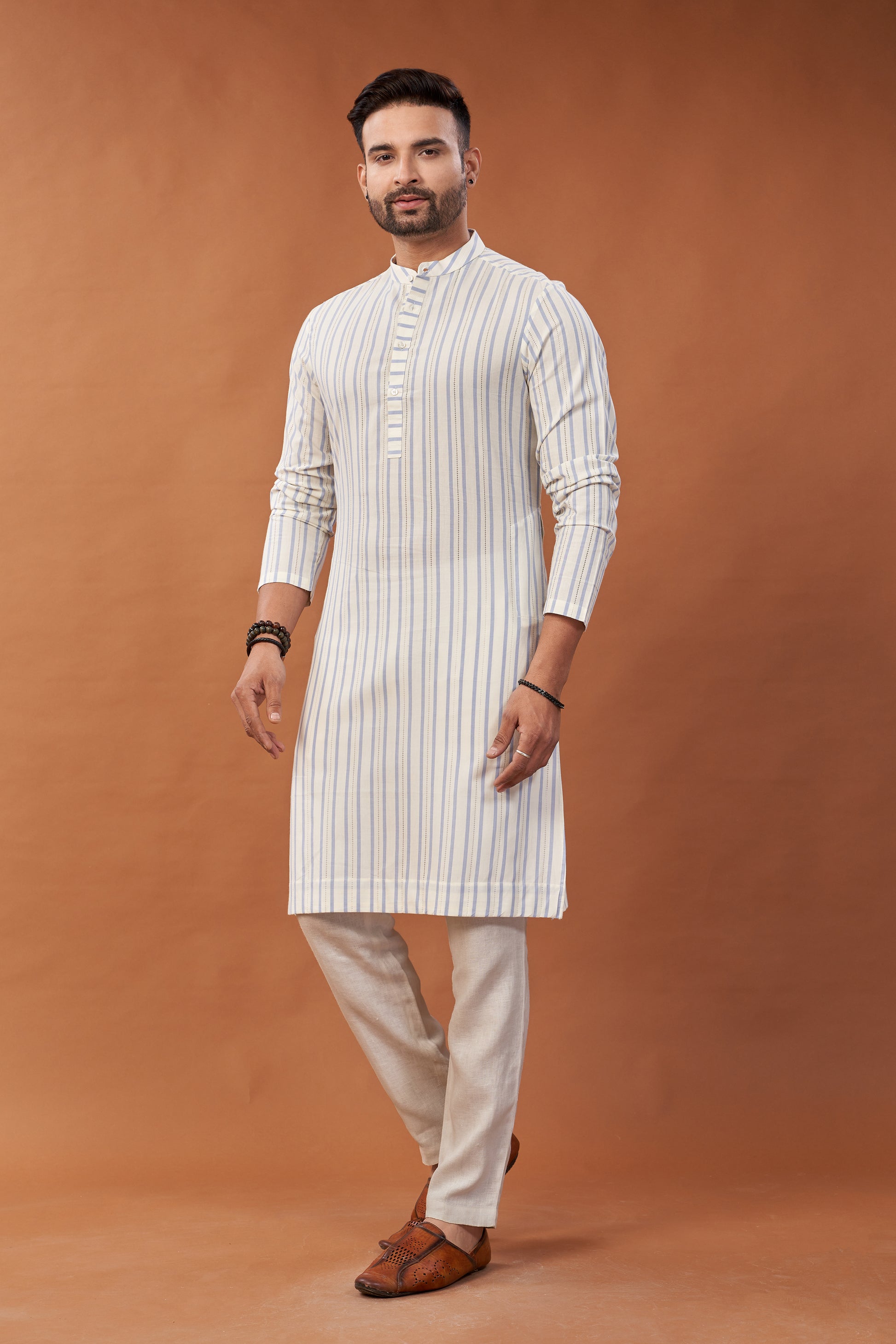 Cotton Blue Stripes Long Kurta - Dedhia House