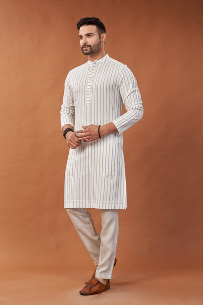 Cotton Blue Stripes Long Kurta - Dedhia House