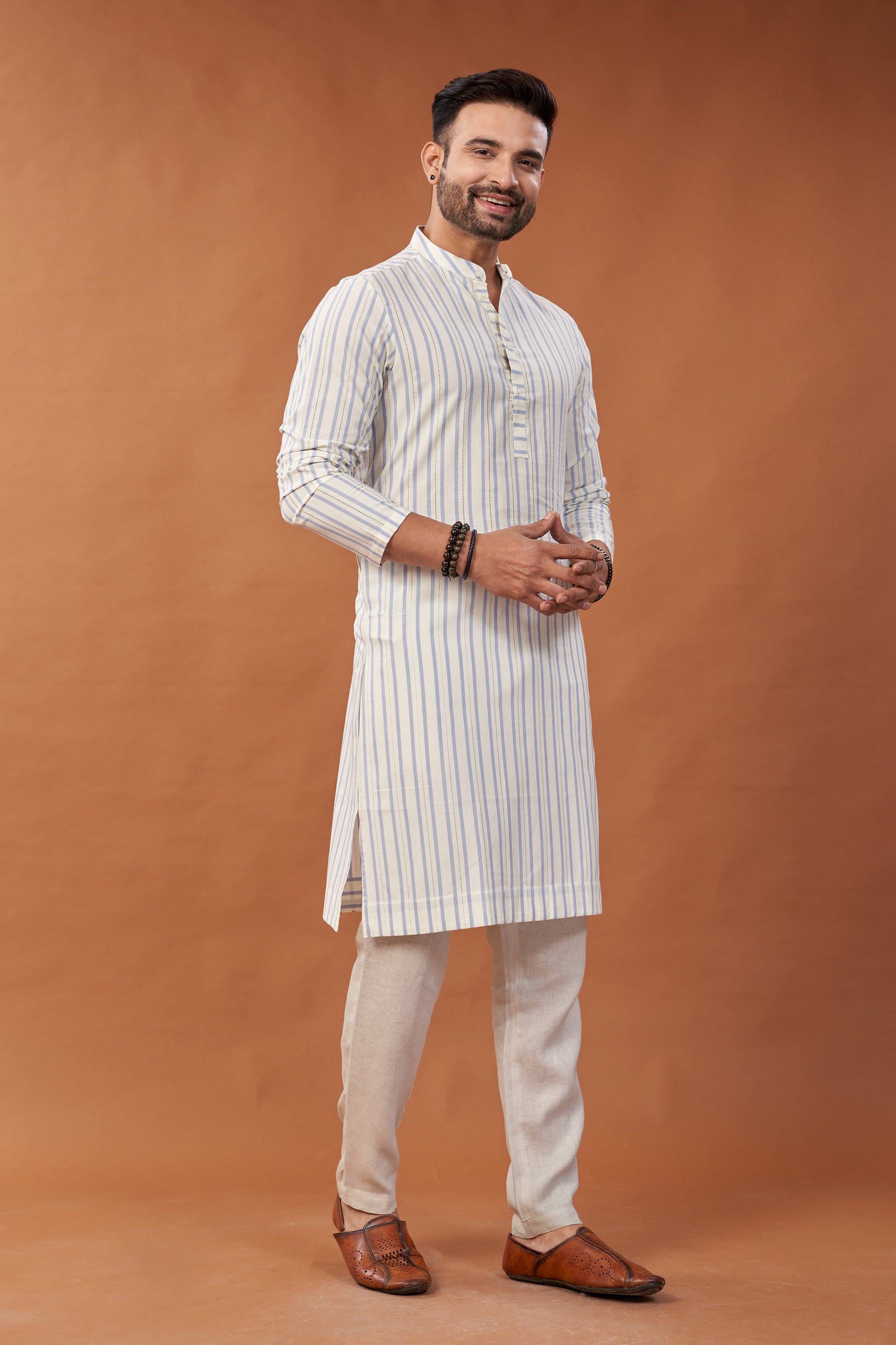 Cotton Blue Stripes Long Kurta - Dedhia House