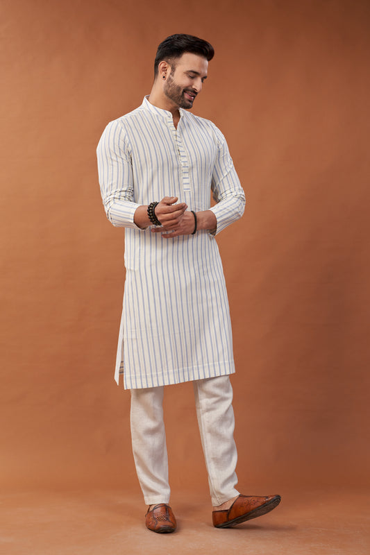 Cotton Blue Stripes Long Kurta - Dedhia House