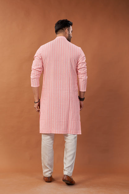 Cotton Red Stripes Long Kurta - Dedhia House