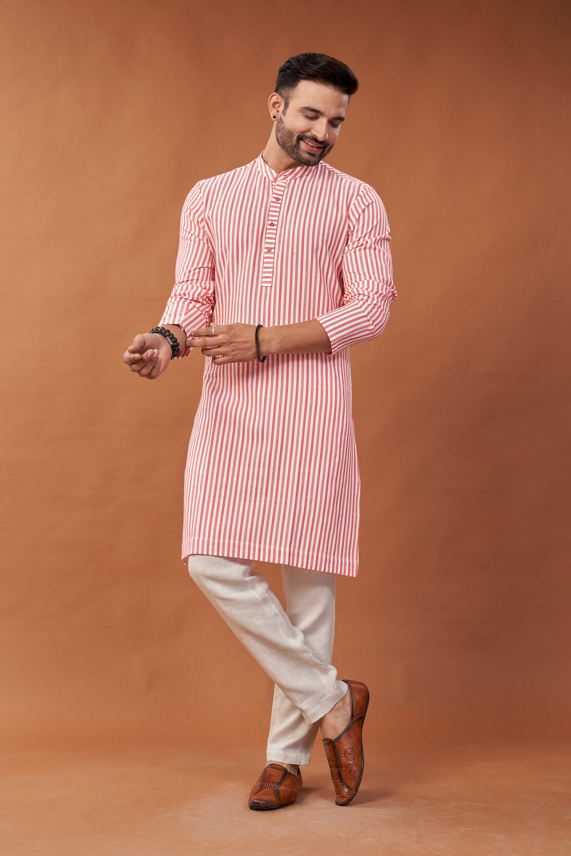 Cotton Red Stripes Long Kurta - Dedhia House
