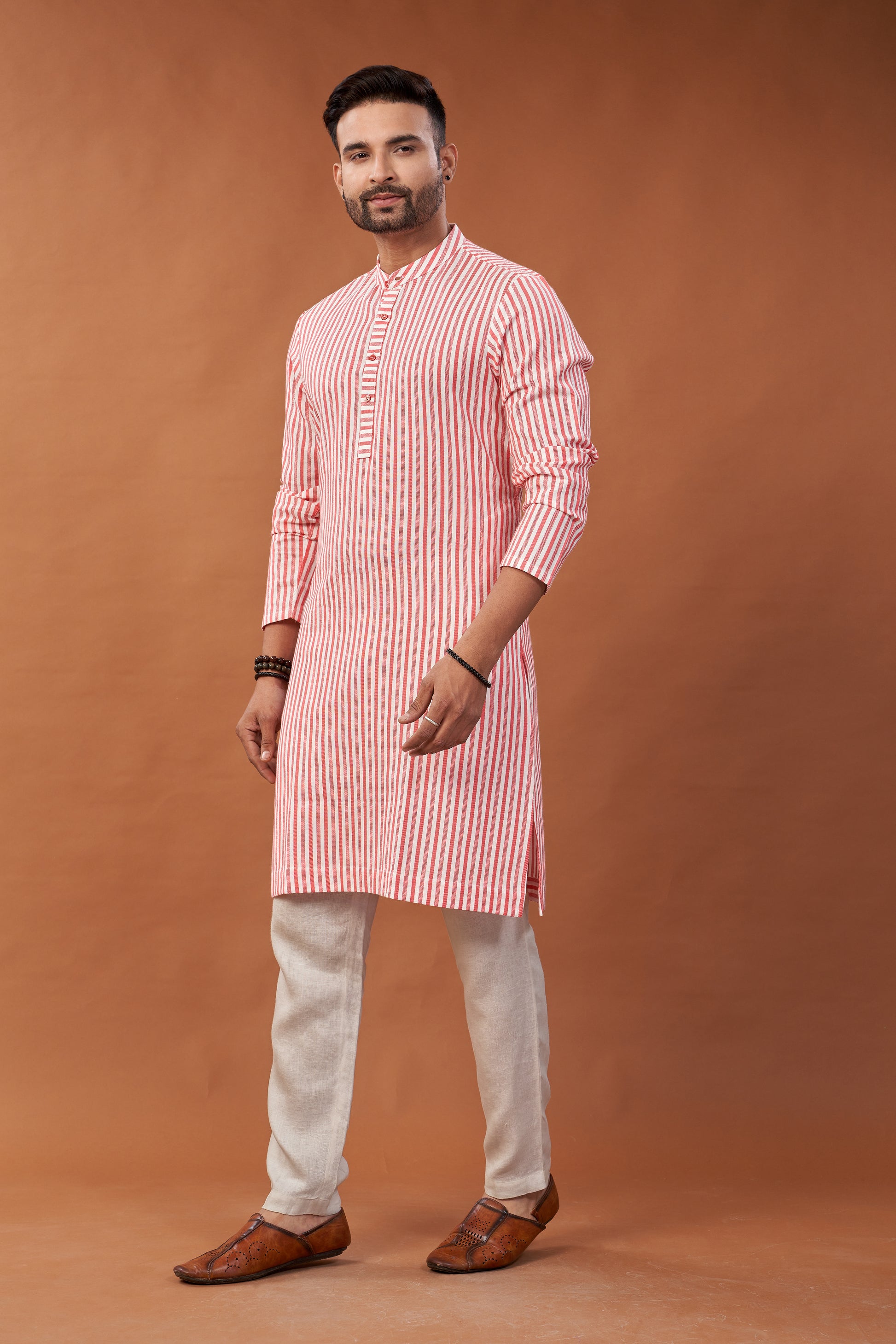 Cotton Red Stripes Long Kurta - Dedhia House
