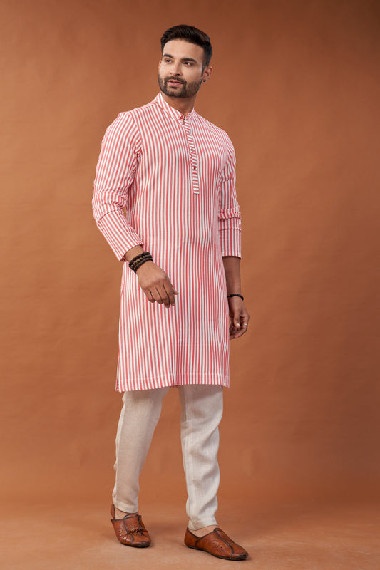 Cotton Red Stripes Long Kurta - Dedhia House