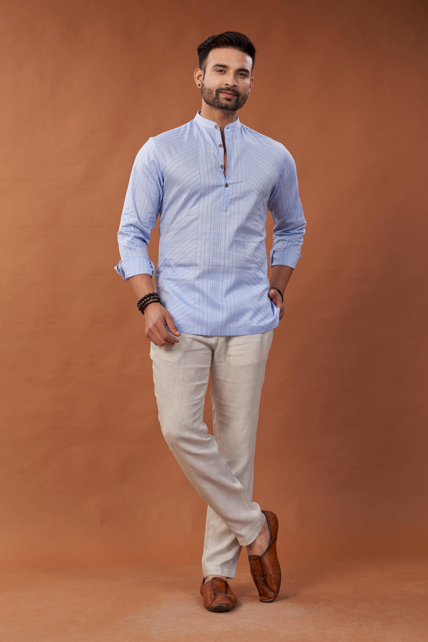 Short Block Printed Blue Kurta Shirt - Dedhia House