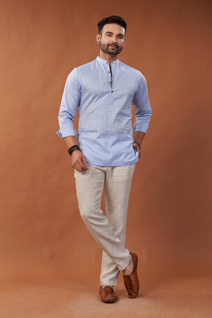 Short Block Printed Blue Kurta Shirt - Dedhia House