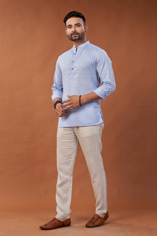 Short Block Printed Blue Kurta Shirt - Dedhia House