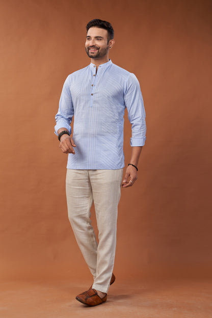 Short Block Printed Blue Kurta Shirt - Dedhia House
