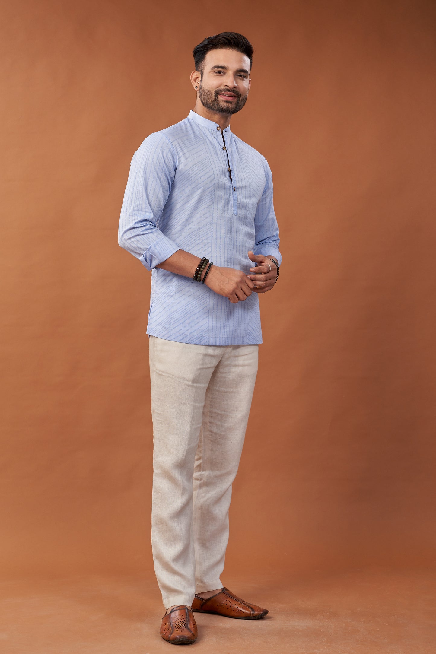 Short Block Printed Blue Kurta Shirt - Dedhia House