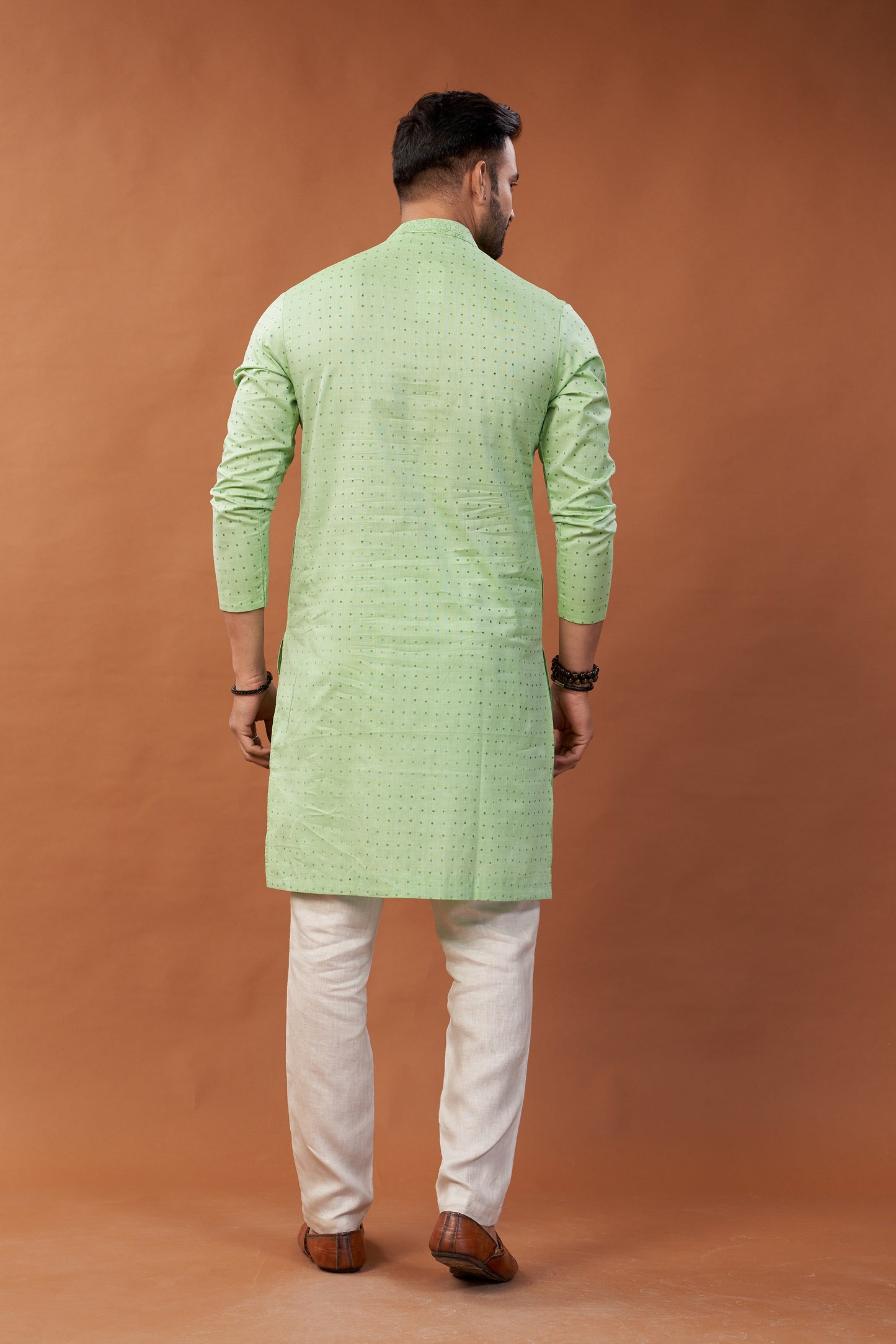 Long Block Printed and Embroidered Green Kurta - Dedhia House