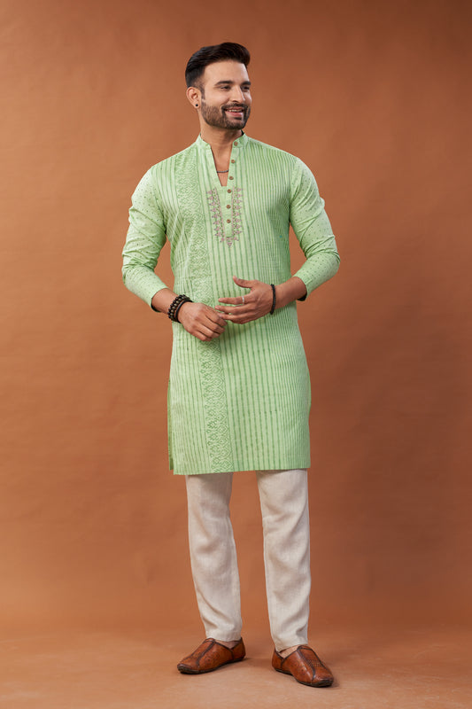 Long Block Printed and Embroidered Green Kurta - Dedhia House