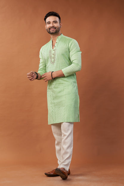 Long Block Printed and Embroidered Green Kurta - Dedhia House