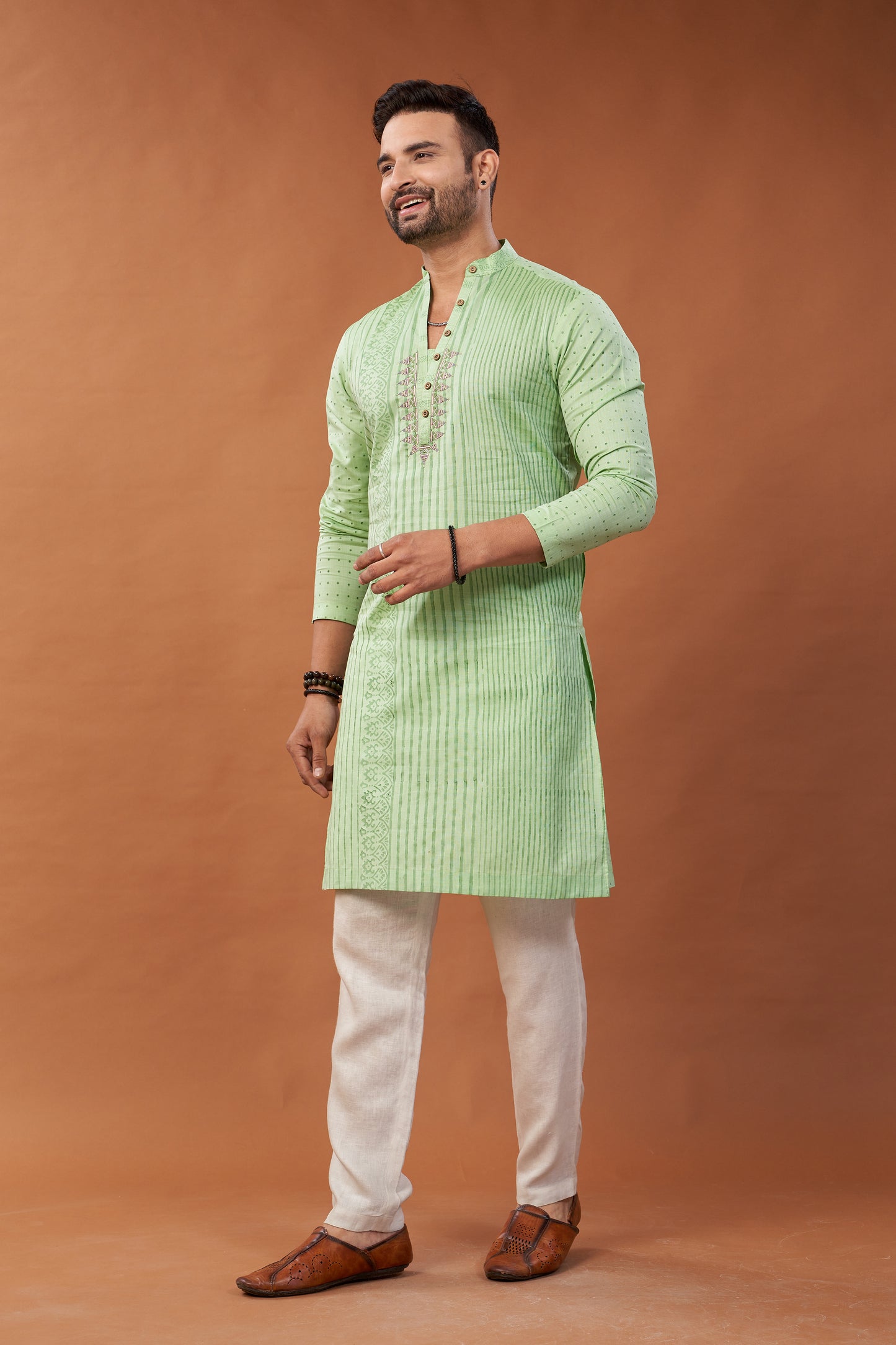 Long Block Printed and Embroidered Green Kurta - Dedhia House