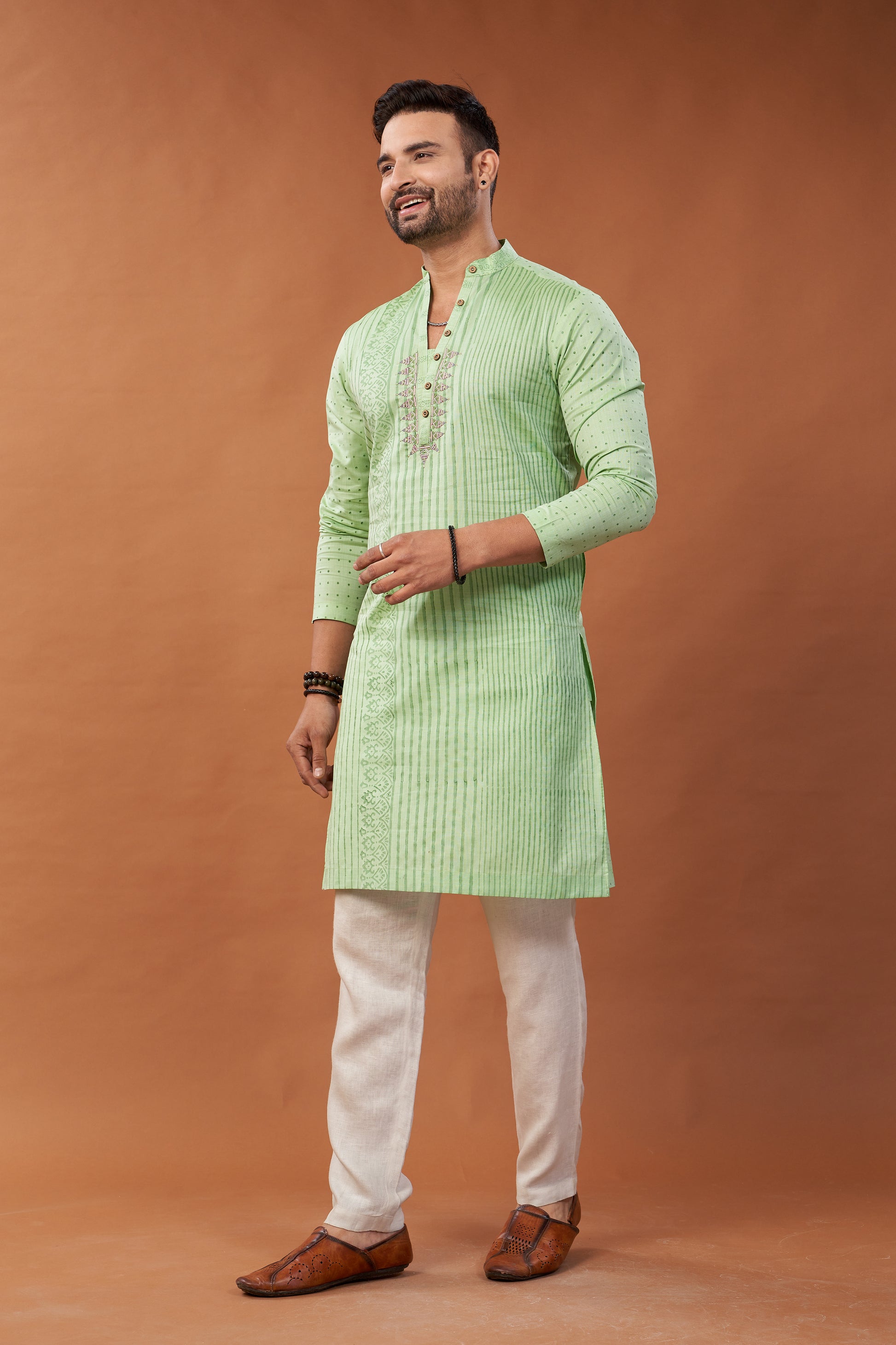 Long Block Printed and Embroidered Green Kurta - Dedhia House