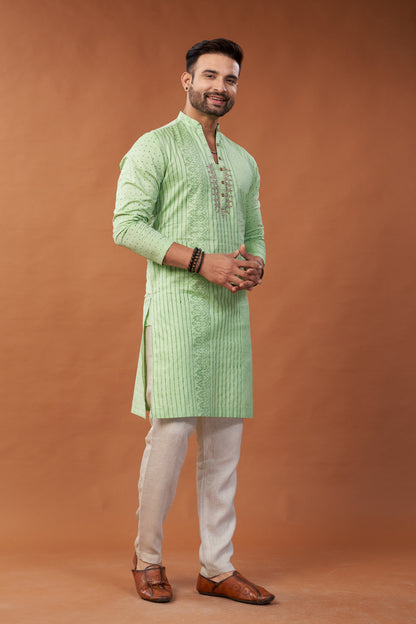 Long Block Printed and Embroidered Green Kurta - Dedhia House