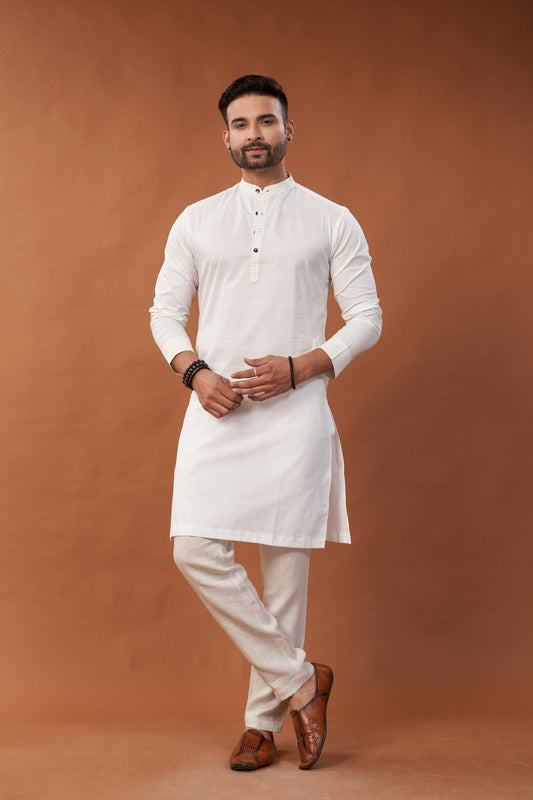 Cotton White Long Kurta - Dedhia House