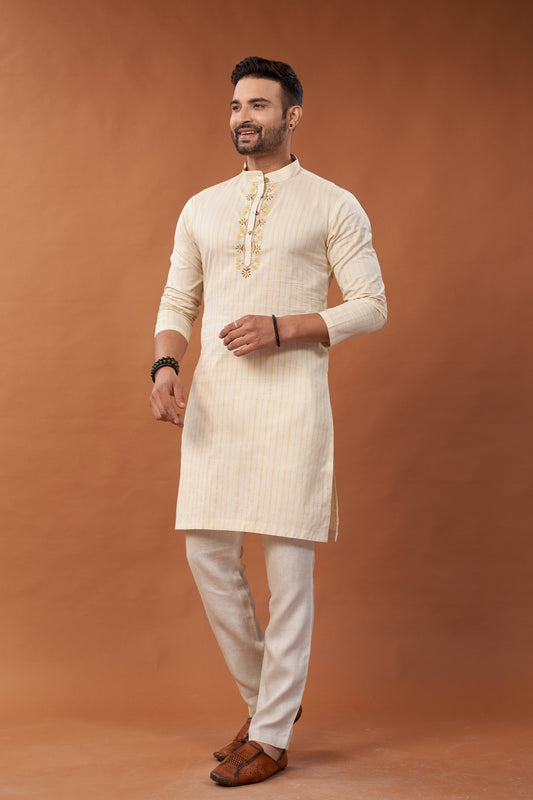 Long Cream Kurta With Embroidary - Dedhia House