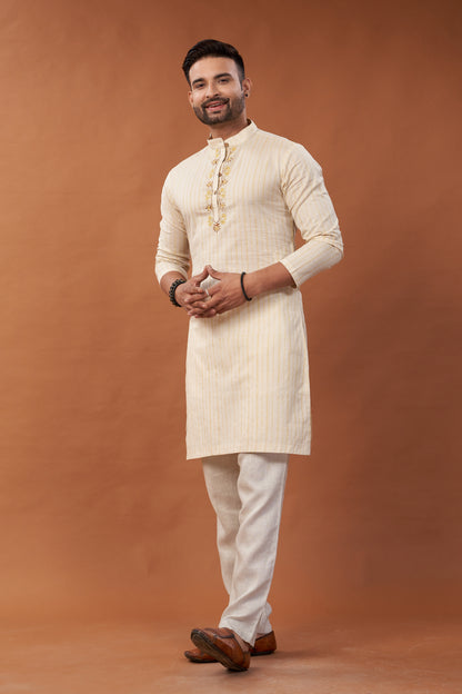 Long Cream Kurta With Embroidary - Dedhia House