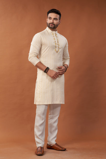 Long Cream Kurta With Embroidary - Dedhia House