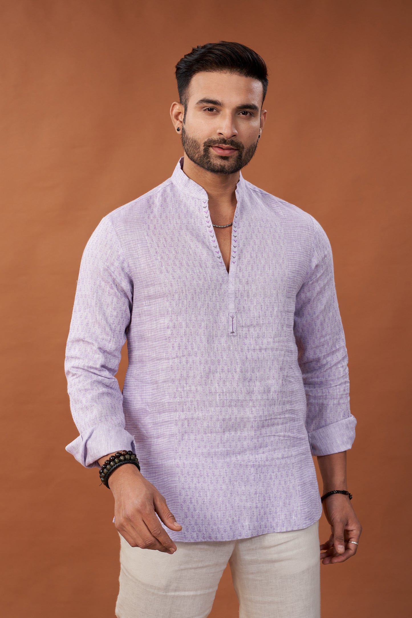 100% Pure Linen Block Printed Lavender Short Kurta Shirt with Embroidery - Dedhia House