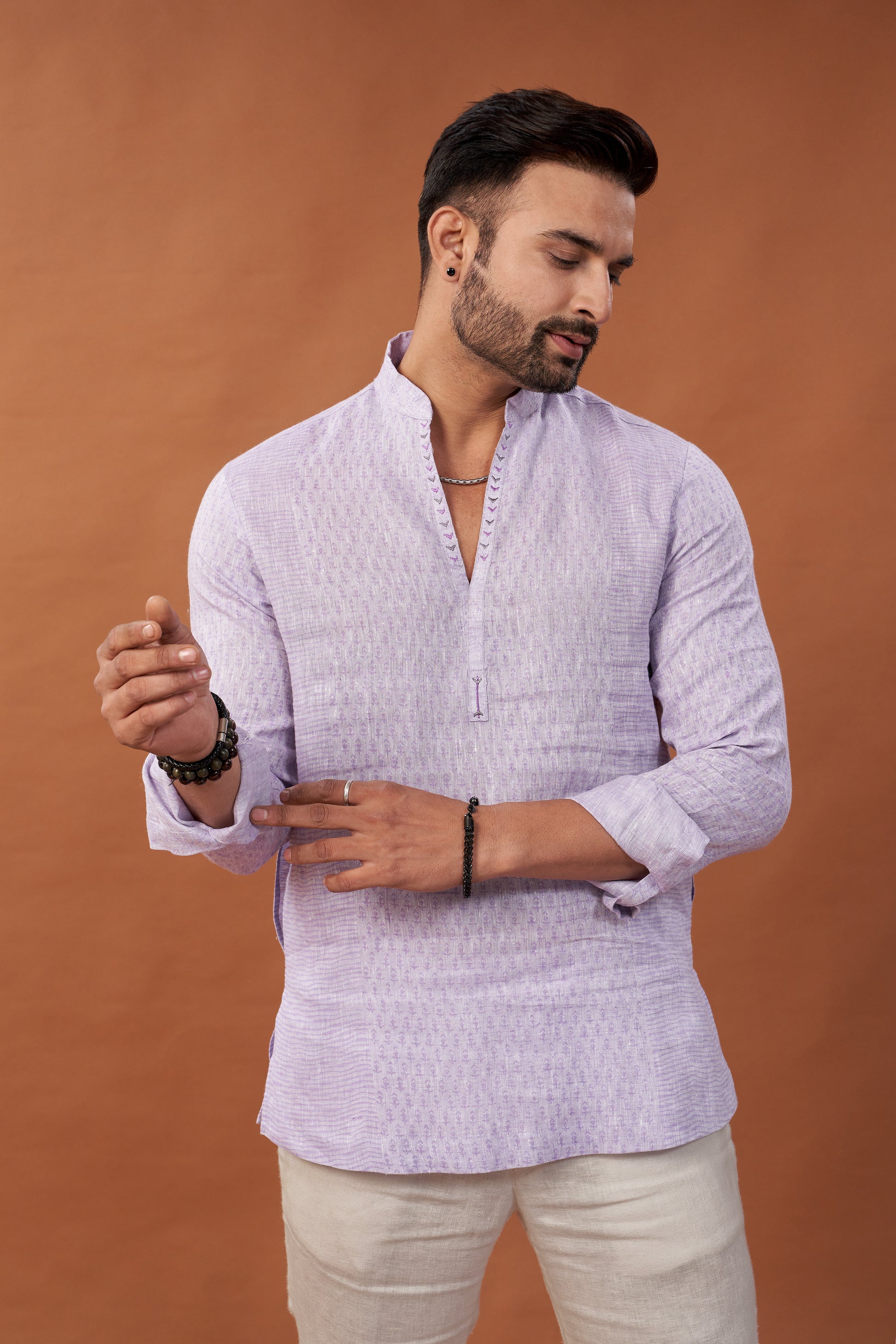 100% Pure Linen Block Printed Lavender Short Kurta Shirt with Embroidery - Dedhia House