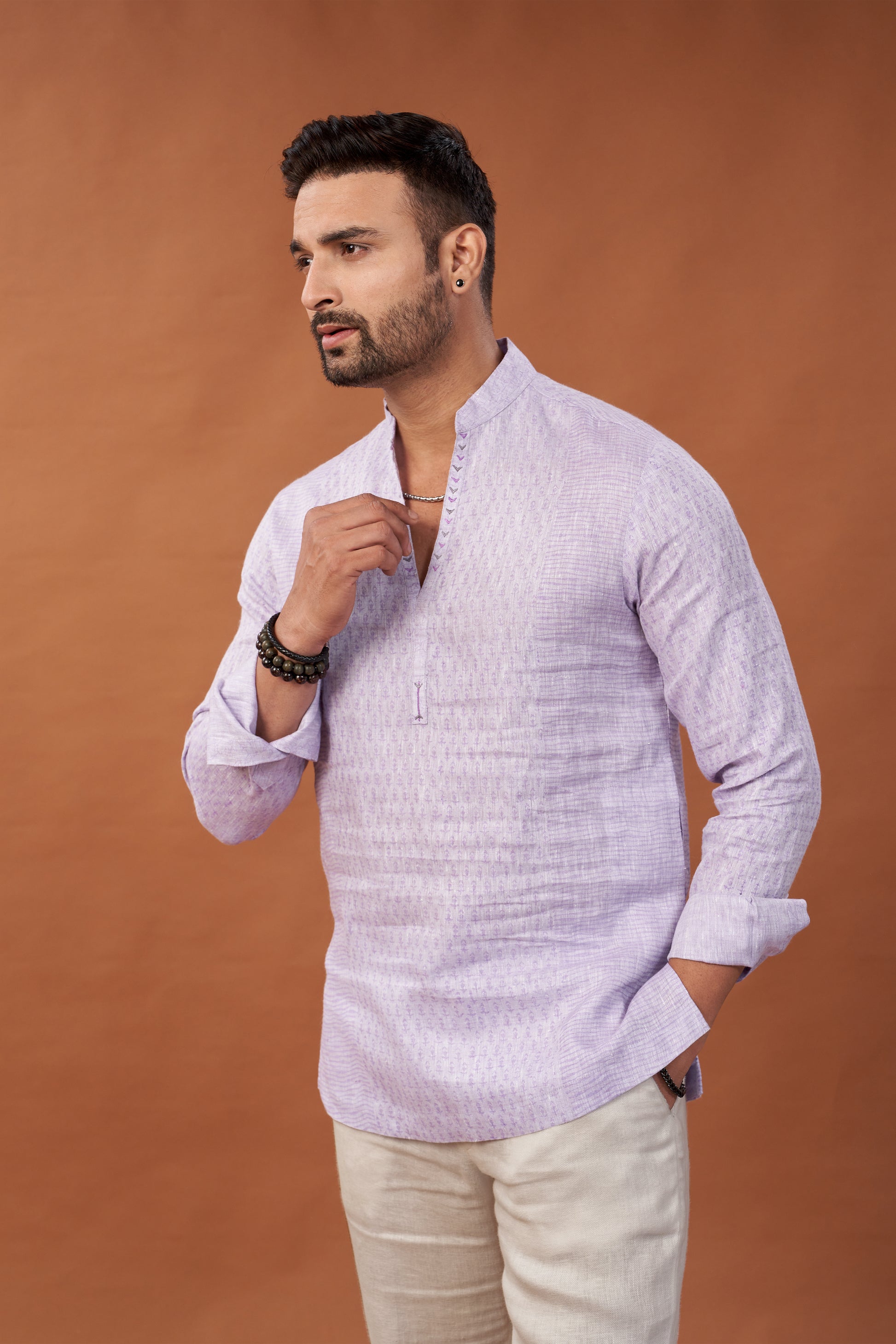 100% Pure Linen Block Printed Lavender Short Kurta Shirt with Embroidery - Dedhia House