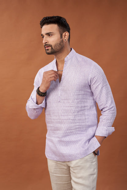 100% Pure Linen Block Printed Lavender Short Kurta Shirt with Embroidery - Dedhia House