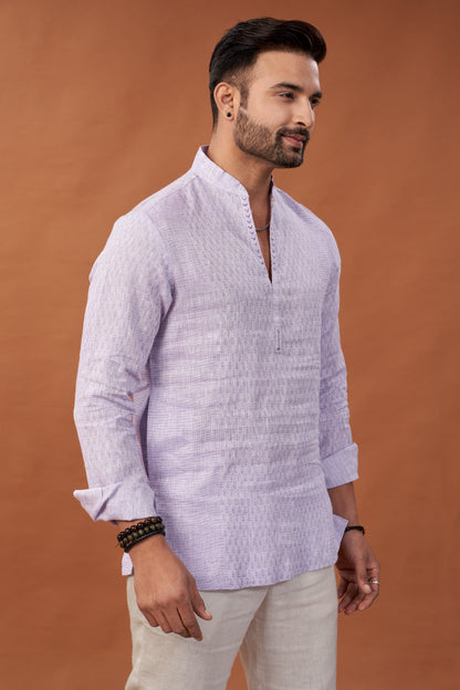 100% Pure Linen Block Printed Lavender Short Kurta Shirt with Embroidery - Dedhia House