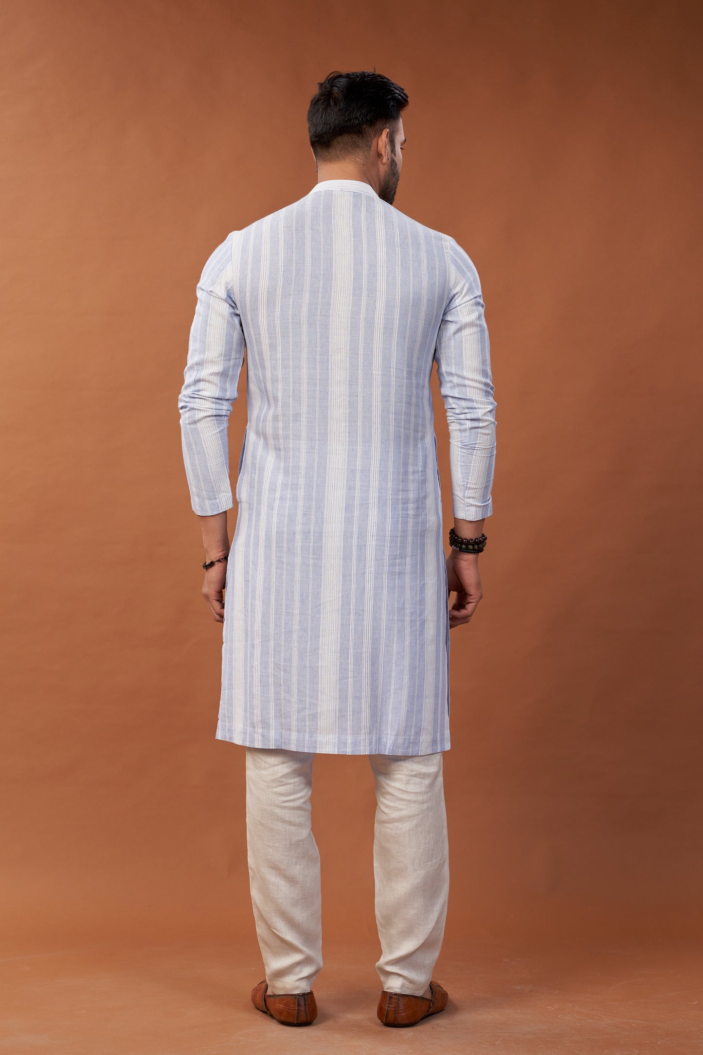 Cotton Blue Stripes Long Kurta - Dedhia House