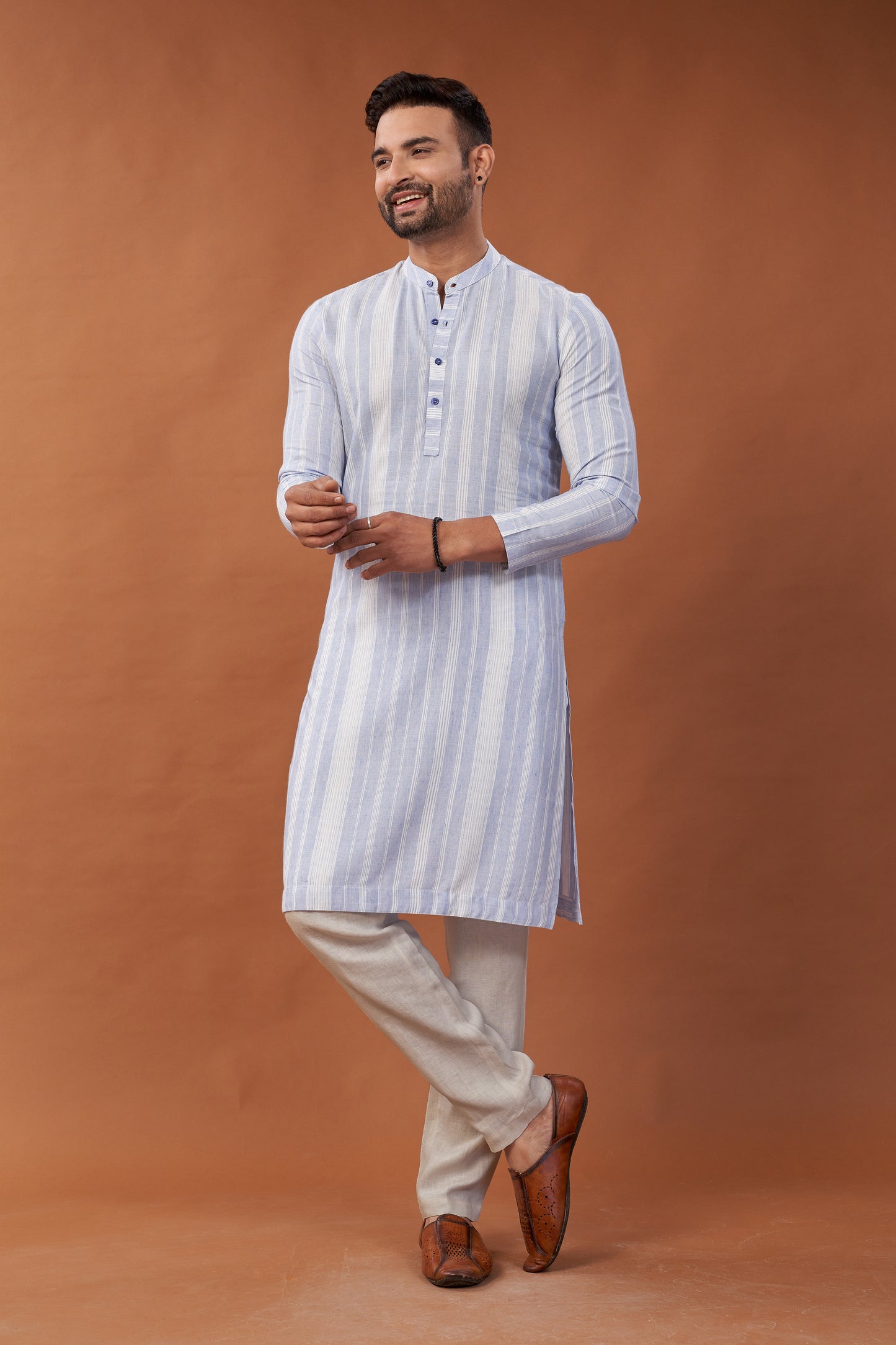 Cotton Blue Stripes Long Kurta - Dedhia House