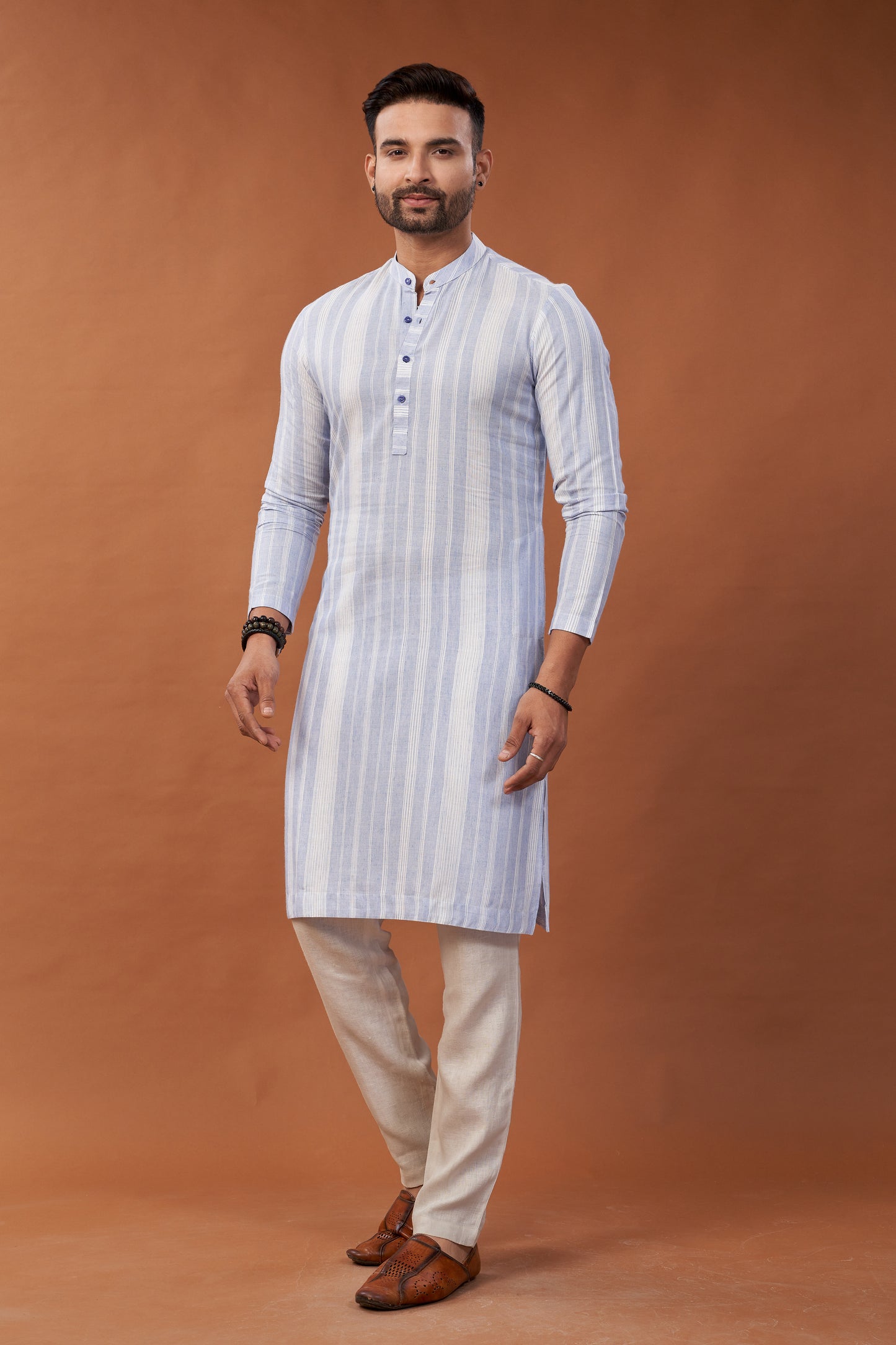 Cotton Blue Stripes Long Kurta - Dedhia House