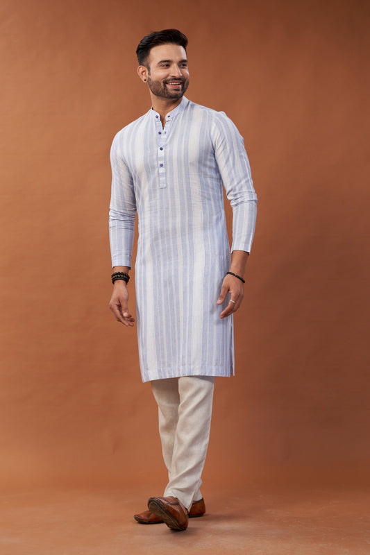 Cotton Blue Stripes Long Kurta - Dedhia House