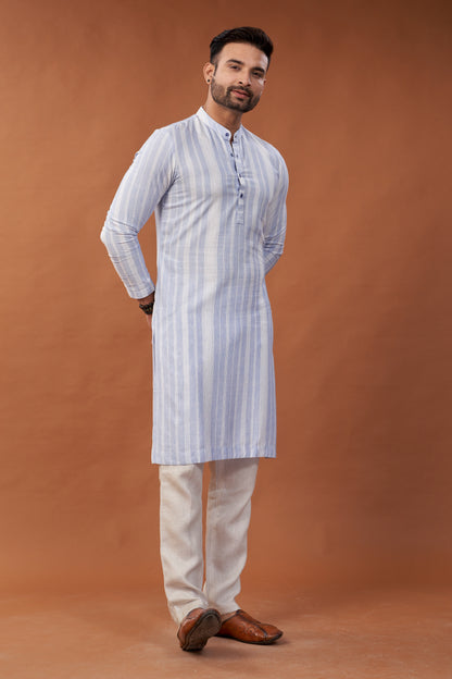 Cotton Blue Stripes Long Kurta - Dedhia House