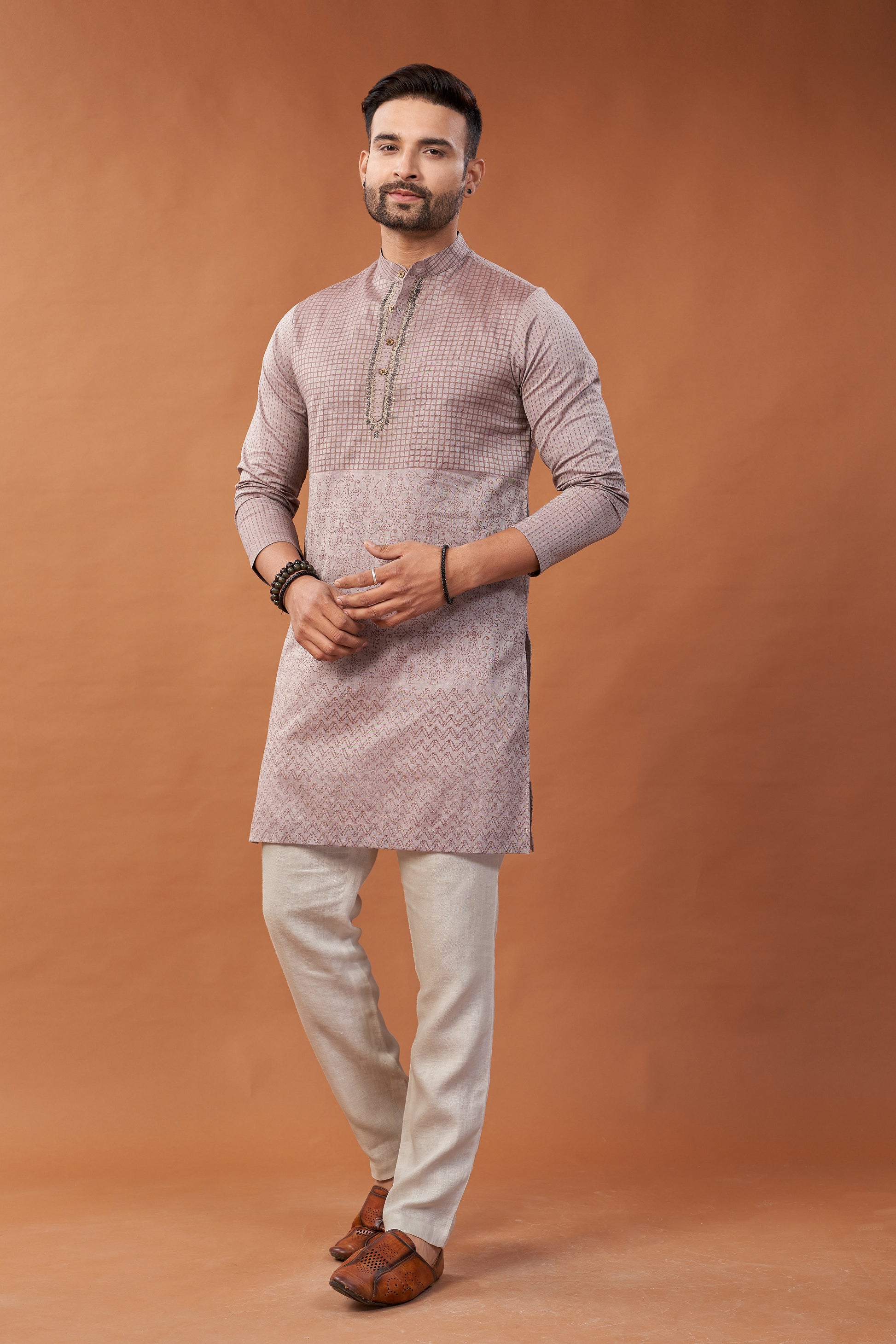Long Block Printed Brown Kurta - Dedhia House