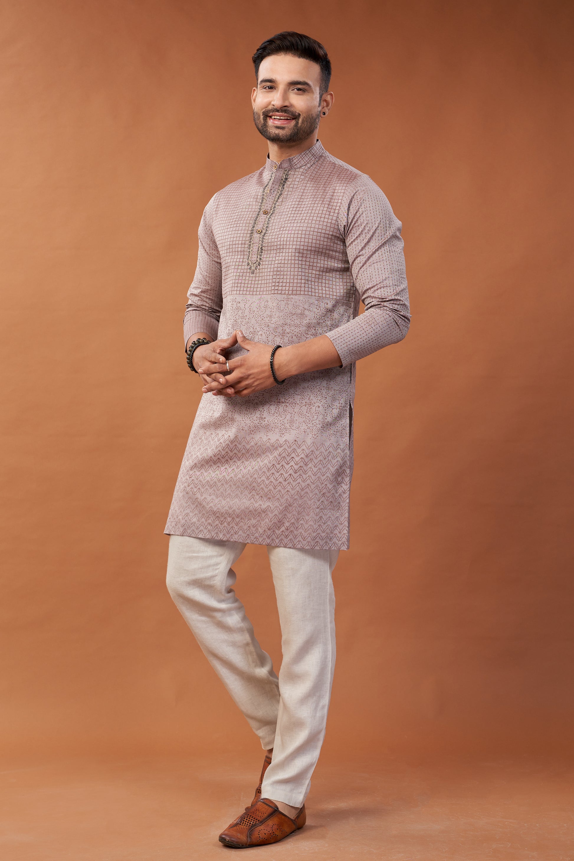 Long Block Printed Brown Kurta - Dedhia House