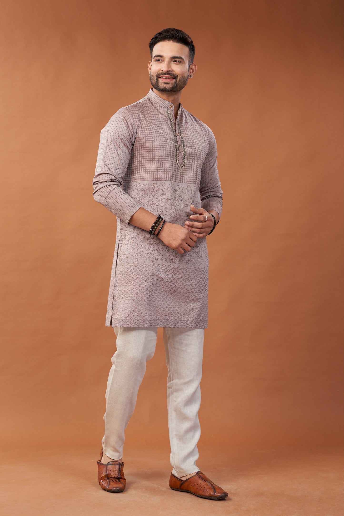 Long Block Printed Brown Kurta - Dedhia House